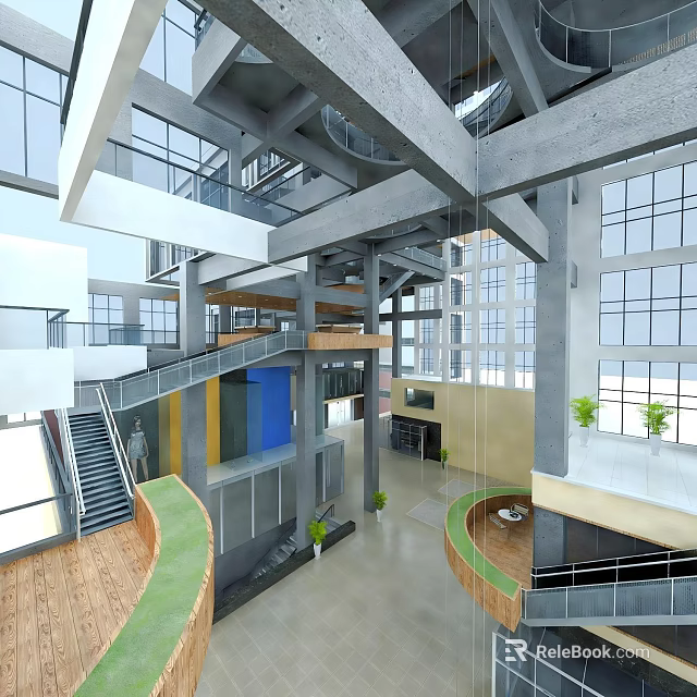 Modern Office Building Interior With Open Space Staircase Large Windows And Green Accents 3d model 