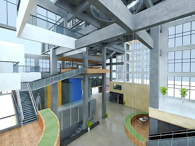 Modern Office Building Interior With Open Space Staircase Large Windows And Green Accents 3d model