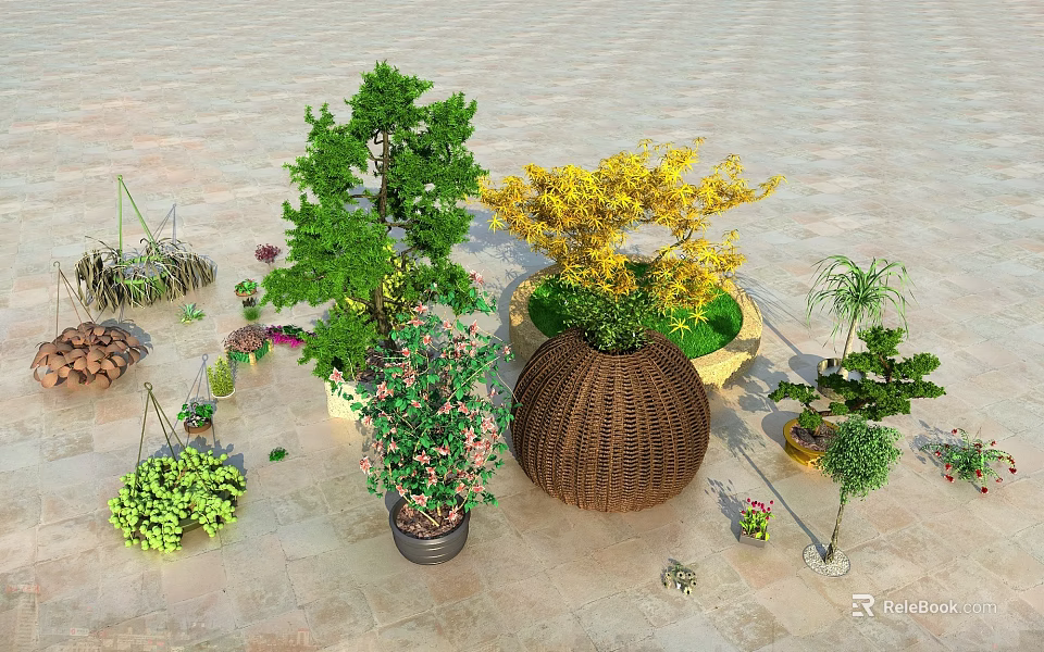 Colorful Bonsai and Potted Plants With Wicker Pots and Assorted Greenery 3d model 