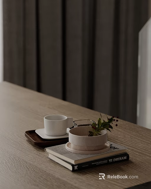 Stylish Decorative Ornament Set with Tray White Cup Woven Bowl and Plant on Wooden Table 3d model 