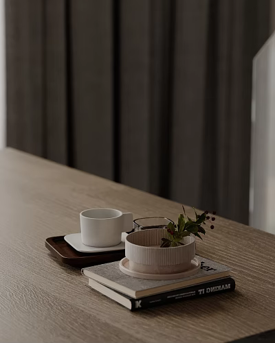 Stylish Decorative Ornament Set with Tray White Cup Woven Bowl and Plant on Wooden Table 3d model