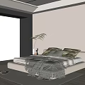 Modern Bedroom Interior With Green Gray Pillows Checkered Blanket Side Table Plant And Window Blinds