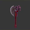 Futuristic Axe Shaped Weapon With Red Handle Metallic Blades And Green Glowing Component