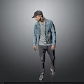 Man Wearing Denim Jacket Light Blue T-shirt Gray Pants Sneakers Gray Cap On Gray Background