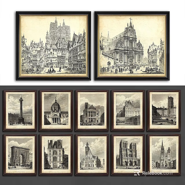 Black and White Architecture Artworks Framed Photo Wall Decor With Historic Buildings 3d model 