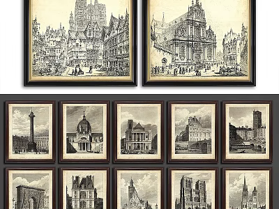 Black and White Architecture Artworks Framed Photo Wall Decor With Historic Buildings 3d model