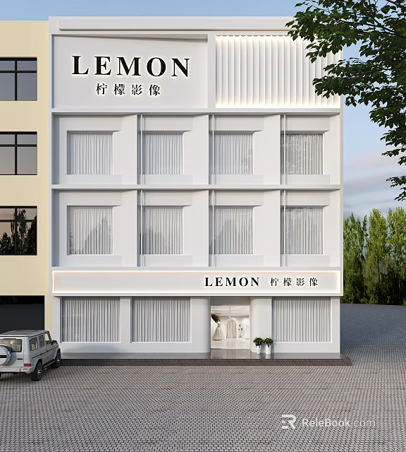 LEMON Photography White Storefront Exterior With Signboard And Windows Design 3d model 