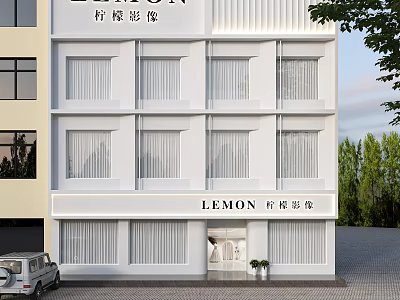 LEMON Photography White Storefront Exterior With Signboard And Windows Design 3d model