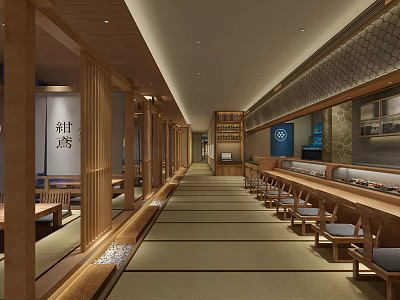 Traditional Japanese Restaurant Interior With Wooden Decor Bar Seating Tatami Style 3d model