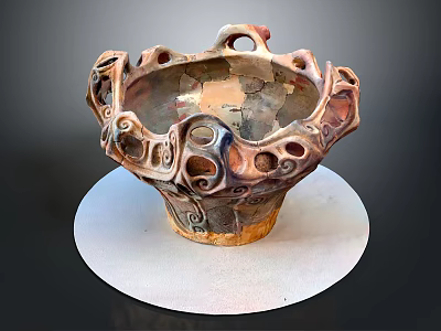 Intricate Ceramic Sculpture With Hollow Holes And Curved Textures On White Base 3d model