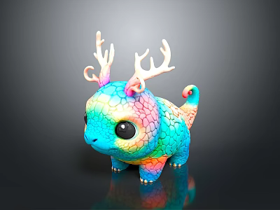 Colorful Dragon Like Figurine With Rainbow Scales Curled Tail Antlers And Large Eyes 3d model