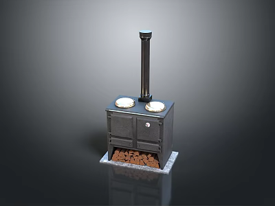 Vintage Black Stove With Two Burners Firewood Base And Chimney 3d model
