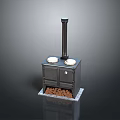 Vintage Black Stove With Two Burners Firewood Base And Chimney