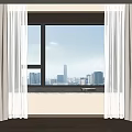 Beige Thick Curtains And White Sheer Panels For Window With City View And Wooden Floor