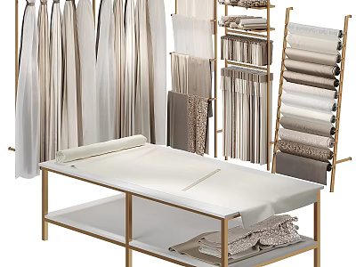 Elegant Curtains Display With Various Fabrics On Modern Golden Racks And Table 3d model