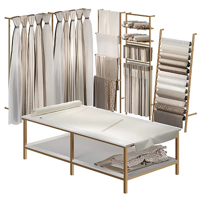 Elegant Curtains Display With Various Fabrics On Modern Golden Racks And Table 3d model