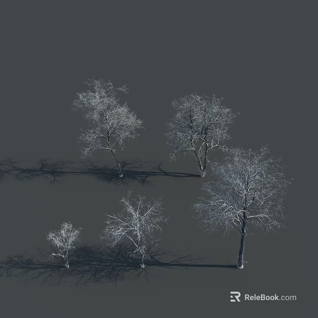 Group of Leafless Trees With Extended Branches And Shadows On Gray Background 3d model
