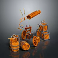 Household Supplies With Orange Barrels Wheels Crates Wooden Sticks And Tool Parts