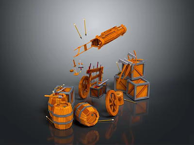 Household Supplies With Orange Barrels Wheels Crates Wooden Sticks And Tool Parts 3d model
