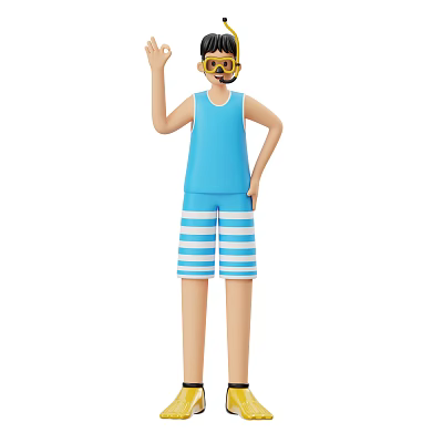 Man Waving Hand In Blue Tank Top And Striped Shorts With Snorkel Goggles 3d model