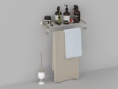 Bathroom Accessories Wall Mounted Metal Shelf With Toiletries Hanging Towels And Toilet Brush 3d model