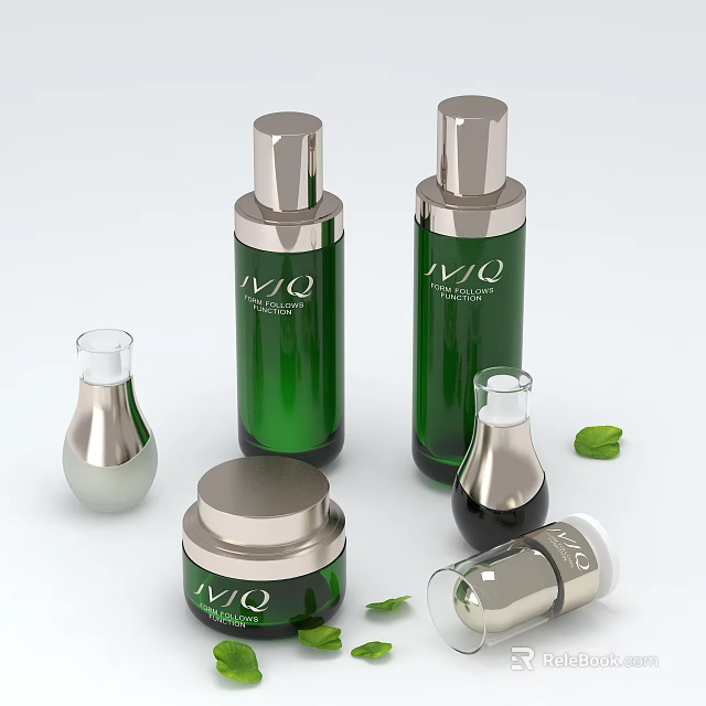 Luxury Green Cosmetic Perfume Bottles With Silver Caps And Cream Jars 3d model 
