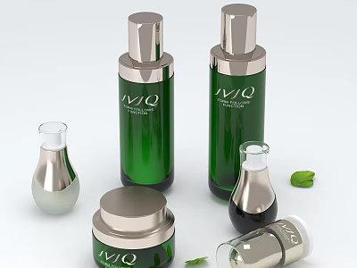 Luxury Green Cosmetic Perfume Bottles With Silver Caps And Cream Jars 3d model