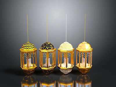 Golden Hanging Lanterns With Various Decorative Tops And Different Designs On Grey Background 3d model