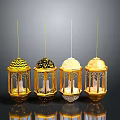 Golden Hanging Lanterns With Various Decorative Tops And Different Designs On Grey Background