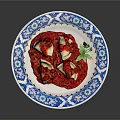 Delicious Dumplings Served on Blue and White Patterned Plate With Red Sauce and Green Garnish
