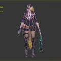 Female Character Wearing Navy Blue Yellow Uniform With Blonde Hair And Hammer Weapon