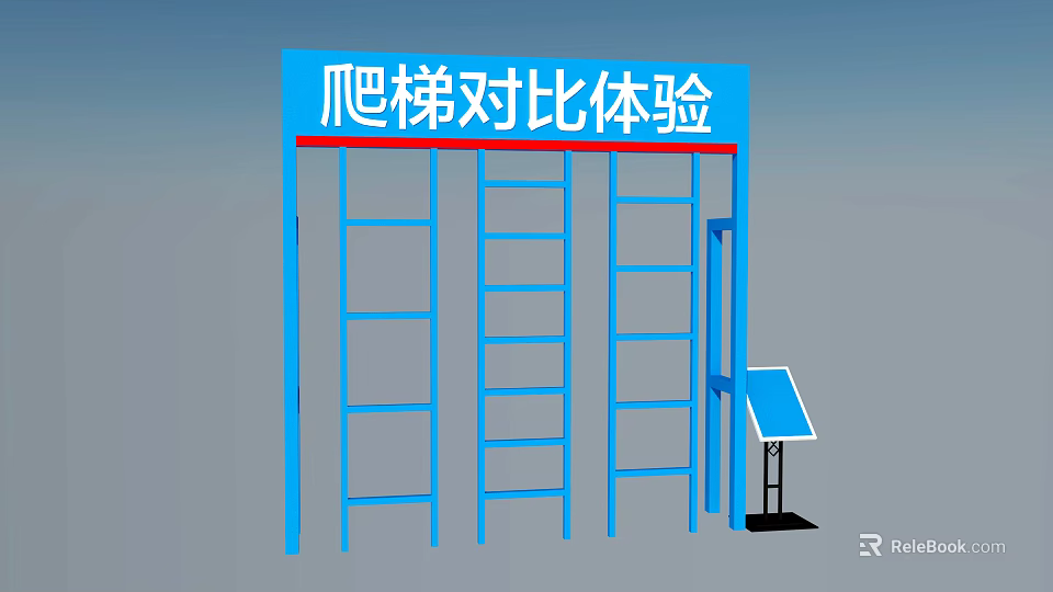 Professional Commercial Ladder Comparison Experience Setup With Multiple Ladders And Display Stand 3d model