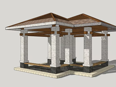 Traditional Outdoor Pavilion With Wooden Roof Stone Columns And Open Platform Design 3d model