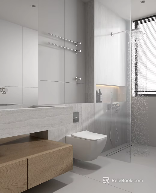 Modern Minimalist Bathroom Interior With Marble Vanity Wall Mounted Toilet And Shower Area 3d model 