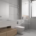 Modern Minimalist Bathroom Interior With Marble Vanity Wall Mounted Toilet And Shower Area