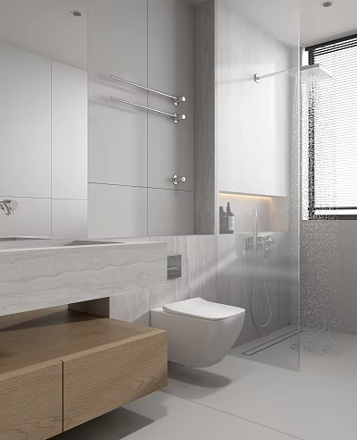 Modern Minimalist Bathroom Interior With Marble Vanity Wall Mounted Toilet And Shower Area 3d model