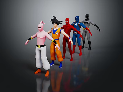 Colorful Action Figures With Various Characters Standing In A Row On Reflective Gray Background 3d model