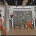Traditional Chinese Style Mall Store Featuring Clothing Mannequins Floral Screen Decorative Lanterns And Potted Plants