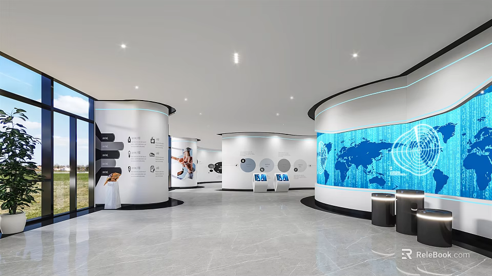 Modern Exhibition Hall With Curved Walls Digital World Map And Data Visualization Screens 3d model 