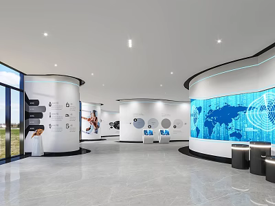 Modern Exhibition Hall With Curved Walls Digital World Map And Data Visualization Screens 3d model