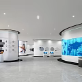 Modern Exhibition Hall With Curved Walls Digital World Map And Data Visualization Screens