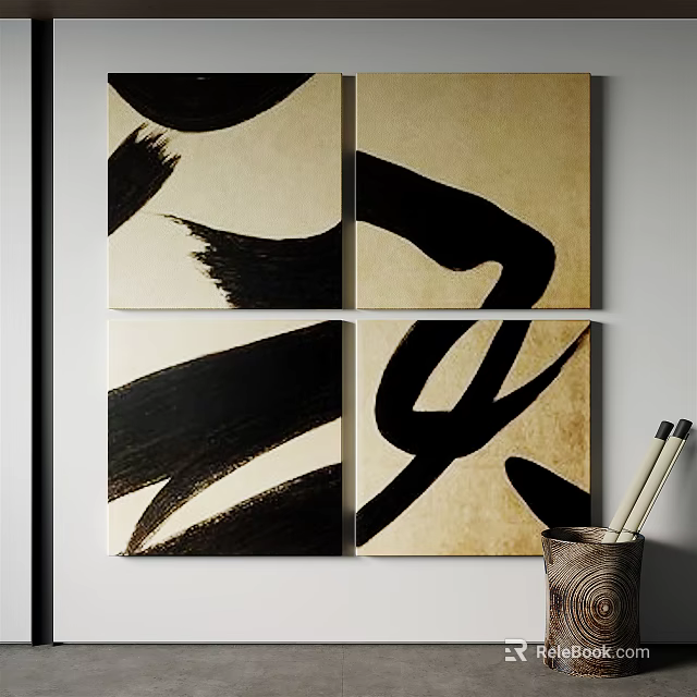 Abstract Painting Four Panel Wall Art with Black Brush Strokes and Beige Background 3d model 