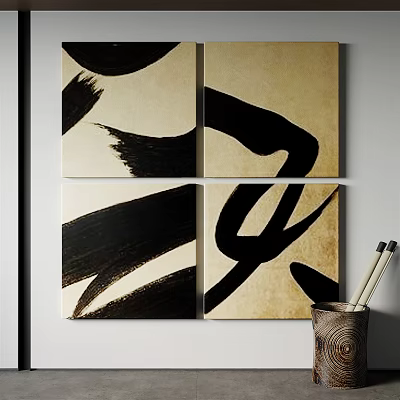 Abstract Painting Four Panel Wall Art with Black Brush Strokes and Beige Background 3d model