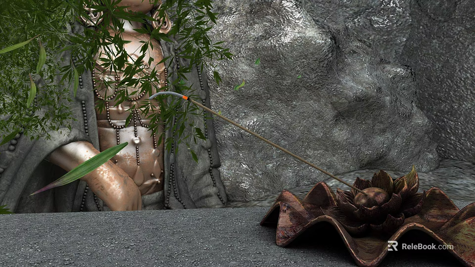 Decorative Household Items Featuring Green Plant And Brown Shell Like Object On Gray Stone Texture 3d model