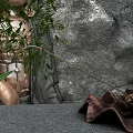 Decorative Household Items Featuring Green Plant And Brown Shell Like Object On Gray Stone Texture 3d model