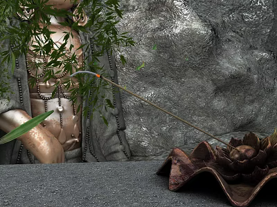 Decorative Household Items Featuring Green Plant And Brown Shell Like Object On Gray Stone Texture 3d model