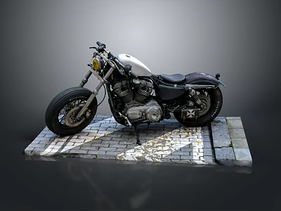 Classic Silver and Black Motorcycle with Large Tires on Brick Platform 3d model