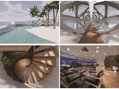 Elegant Seaside Restaurant Featuring Palm Trees Pool Arched Walkway And Spiral Staircase 3d model