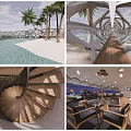 Elegant Seaside Restaurant Featuring Palm Trees Pool Arched Walkway And Spiral Staircase