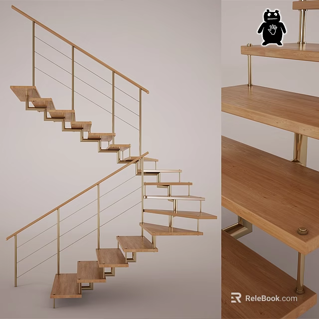 Modern Interior Staircase With Wooden Steps And Metal Railings Design 3d model 